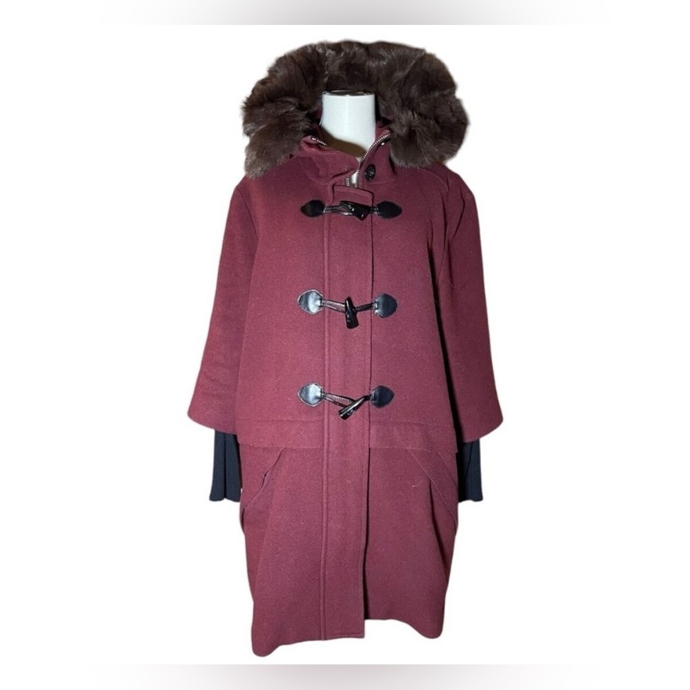 Rebecca Minkoff Scotch Wool Burgundy Red Rabbit Fur Hooded Coat Medium